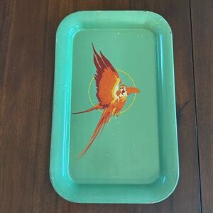 Vintage 1940s Green Metal Tray with Orange Parrot
